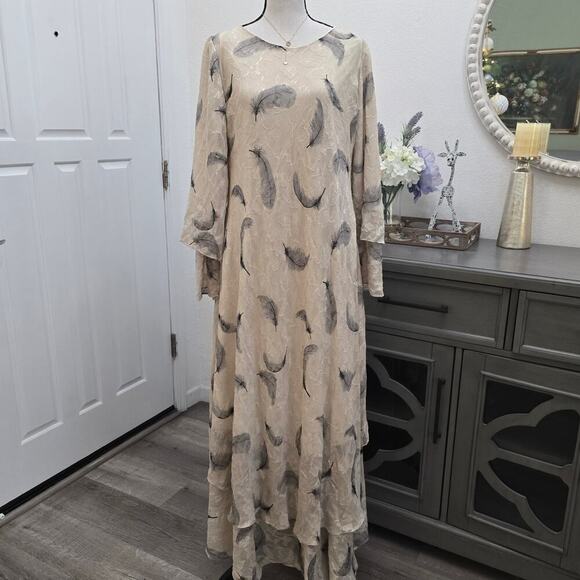 Huda Dresses & Skirts - HUDA Feather Print Chiffon Maxi Dress 4 Modest Boho Tiered Beige Elegant Resort